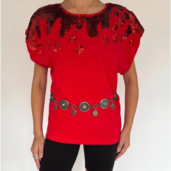 80s vintage red sequin embellished funky cotton short sleeved tee shirt large - Picture 1 of 9